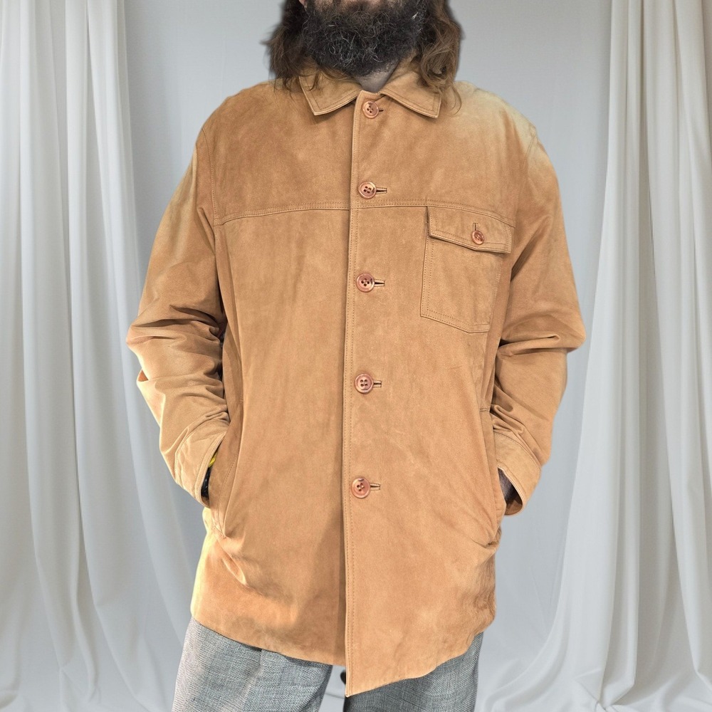 VTG Danier Suede Chore Coat XL Men 36-38 Canada Tan Genuin Leather Button Jacket
